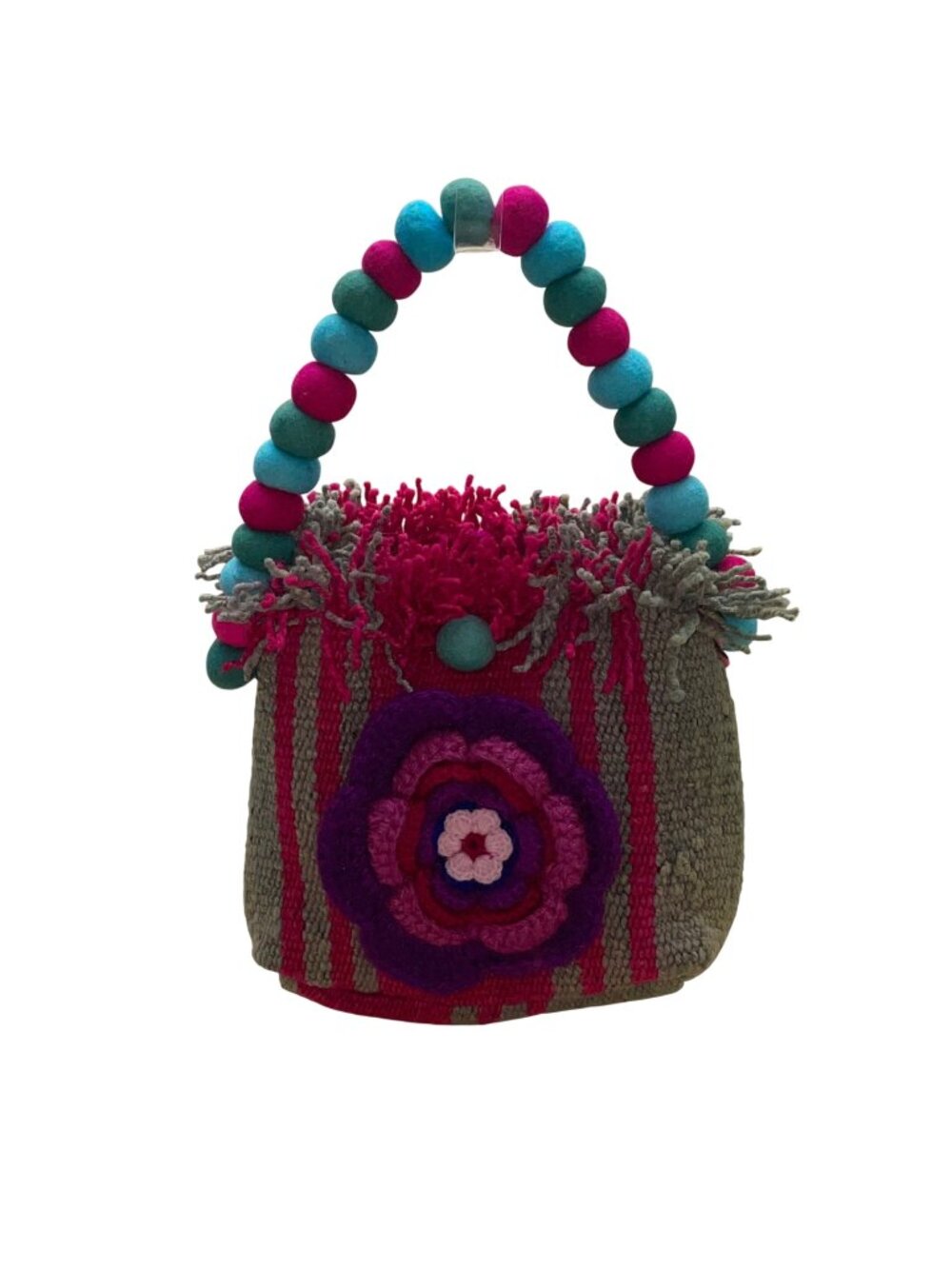 Handmade Women’s Pink & Brown Knitted Floral Design  Handbag With Beaded Handle
